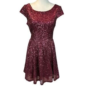 Speechless Sequined Skater Dress Sze 7 Burgundy Red Open Back Formal Event Flare
